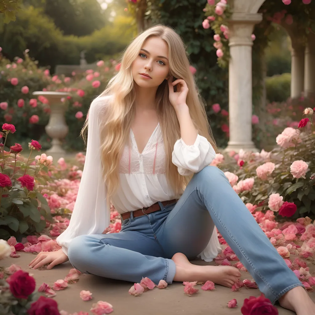 Prompt: young beautiful hippie female, full body pose, long flowing blonde hair, wearing casual jeans and a flowing white blouse, (sitting on bottom on ground, legs apart, flirty pose, seductive look) distant expression, ethereal and dreamy ambiance, posed in antique rose garden among brightly colored flowers, reds, pinks, yellows and white flowers and detailed realistic background, realism with intricate detailing, soft natural lighting, lush green background with gentle floral accents, serene and romantic feel, ultra-detailed, high definition, capturing the essence of youthful spirit and bohemian grace.