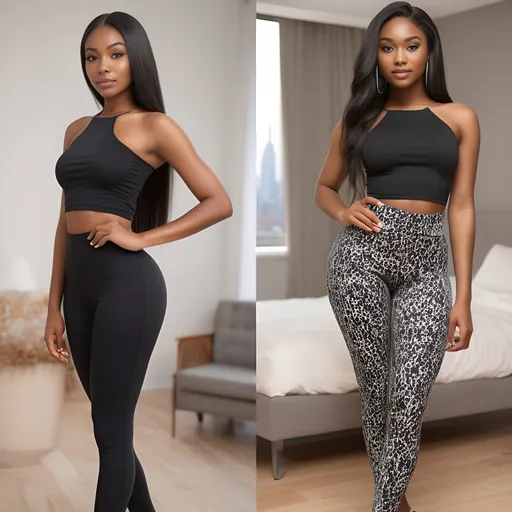 Prompt: Photorealistic ((full body poses)) of an 18-year-old Nigerian Igbo girl, long black hair flowing, professional studio lighting, sharp jawline, pointed nose, large expressive eyes adorned with pimples and charming dimples, posing in stylish body molded leggings and off the shoulders cropped top, front, side and behind views in luxury apartment in NY in front of floor to ceiling windows showing off skyline, ultra-detailed and vibrant, capturing the essence of youth and beauty.