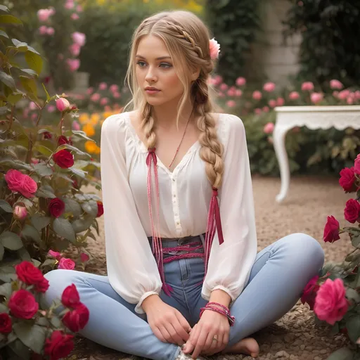 Prompt: young beautiful hippie female, full body pose, long flowing blonde hair braided, tied with beads and ribbon, wearing casual jeans and a flowing white blouse, (sitting on bottom on ground, legs apart, flirty pose, seductive look) distant expression, ethereal and dreamy ambiance, posed in antique rose garden among brightly colored flowers, reds, pinks, yellows and white flowers and detailed realistic background, realism with intricate detailing, soft natural lighting, lush green background with gentle floral accents, serene and romantic feel, ultra-detailed, high definition, capturing the essence of youthful spirit and bohemian grace.