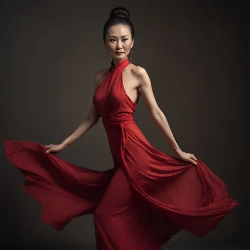 Prompt: stunning elegant 50-year-old Chinese woman, full body pose, super thin and toned physique, gorgeous body, perfect silhouette, long flowing hair tied up in messy bun, soft ambient lighting, warm and inviting color tones, beauty radiating confidence and grace, high fashion red dress, glamour, ultra-detailed portrait, captivating expression, beautifully balanced composition, emphasizing allure and sophistication, high-quality image, perfect for showcasing beauty and empowerment.