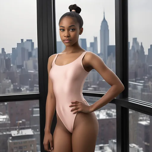 Prompt: Photorealistic ((full body poses)) of an 18-year-old Nigerian Igbo girl, long black hair in ponytail, professional studio lighting, sharp jawline, pointed nose, large expressive eyes adorned with pimples and charming dimples, posed in body molded leotard in luxury apartment in NY in front of floor to ceiling windows showing off skyline, ultra-detailed and vibrant, capturing the essence of youth and beauty.