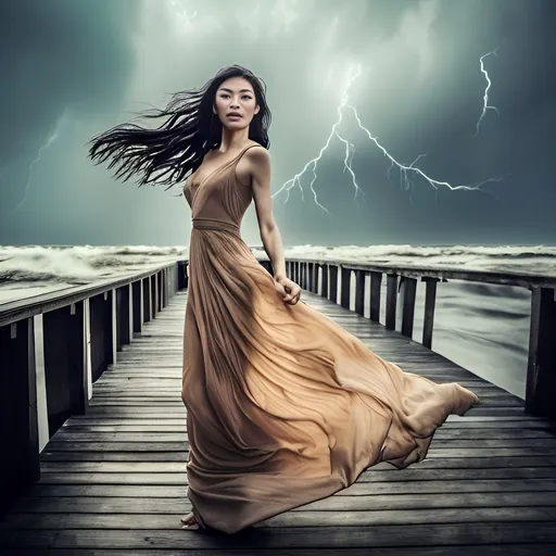 Prompt: stunning elegant 50-year-old Chinese woman, beautiful face, full body pose, ((outdoors posing, on weathered, abandoned, lonely pier facing stormy ocean, impending storm moving closer, wind in her face in her hair, beauty in the storm of life))  super thin and toned physique, gorgeous body, perfect silhouette, long flowing hair tied up in messy bun, soft ambient lighting, warm and inviting color tones, beauty radiating confidence and grace, elegant dress, glamour, ultra-detailed portrait, captivating expression, beautifully balanced composition, emphasizing allure and sophistication, high-quality image, perfect for showcasing beauty and empowerment.