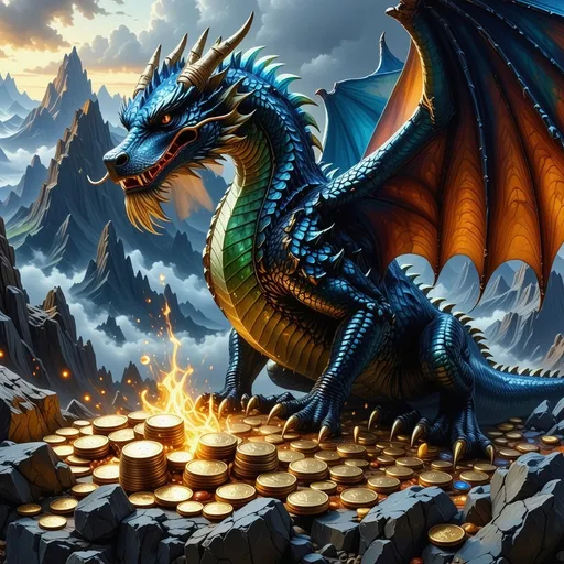 Prompt: Fierce, magnificent dragon, vivid colorful scales glistening in the light, majestic wings spread wide, intricately detailed textures, guarding a sparkling treasure hoard, coins shimmering in gold and gems, dramatic shadows, enchanting background with misty mountains, rich and vibrant color palette, magical atmosphere, high detail, 4K quality, fantasy art masterpiece.