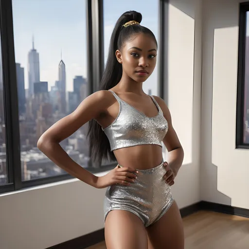 Prompt: Photorealistic ((full body poses)) of an 18-year-old Nigerian Igbo girl, long black hair in ponytail, professional studio lighting, sharp jawline, pointed nose, large expressive eyes adorned with pimples and charming dimples, posed in body molded dance costume in luxury apartment in NY in front of floor to ceiling windows showing off skyline, ultra-detailed and vibrant, capturing the essence of youth and beauty.