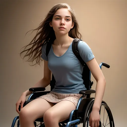 Prompt: realistic depiction of an 18-year-old paraplegic girl, detailed full body pose, natural skin tones, expressive facial features, intricate textures in her clothing, dynamic composition, soft and warm lighting enhancing her beauty, vibrant background setting that adds depth, showcasing her strength and grace, ultra-detailed, high-quality image showcasing realism and emotion.