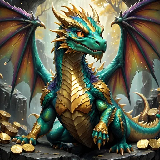 Prompt: Fierce, magnificent dragon, vivid colorful scales glistening in the light, majestic wings spread wide, intricately detailed textures, guarding a sparkling treasure hoard, coins shimmering in gold and gems, dramatic shadows, enchanting background with misty mountains, rich and vibrant color palette, magical atmosphere, high detail, 4K quality, fantasy art masterpiece.