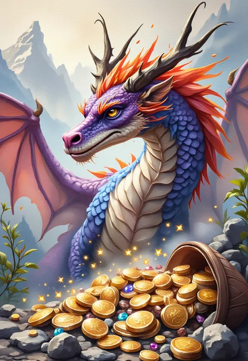 Prompt: Fierce, magnificent dragon, vivid colorful scales glistening in the light, majestic wings spread wide, intricately detailed textures, guarding a sparkling treasure hoard, coins shimmering in gold and gems, dramatic shadows, enchanting background with misty mountains, rich and vibrant color palette, magical atmosphere, high detail, 4K quality, fantasy art masterpiece.