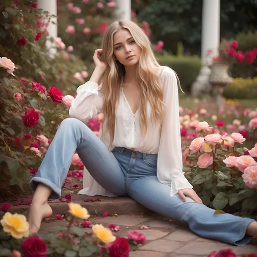 Prompt: young beautiful hippie female, full body pose, long flowing blonde hair, wearing casual jeans and a flowing white blouse, (sitting on bottom on ground, legs apart, flirty pose, seductive look) distant expression, ethereal and dreamy ambiance, posed in antique rose garden among brightly colored flowers, reds, pinks, yellows and white flowers and detailed realistic background, realism with intricate detailing, soft natural lighting, lush green background with gentle floral accents, serene and romantic feel, ultra-detailed, high definition, capturing the essence of youthful spirit and bohemian grace.