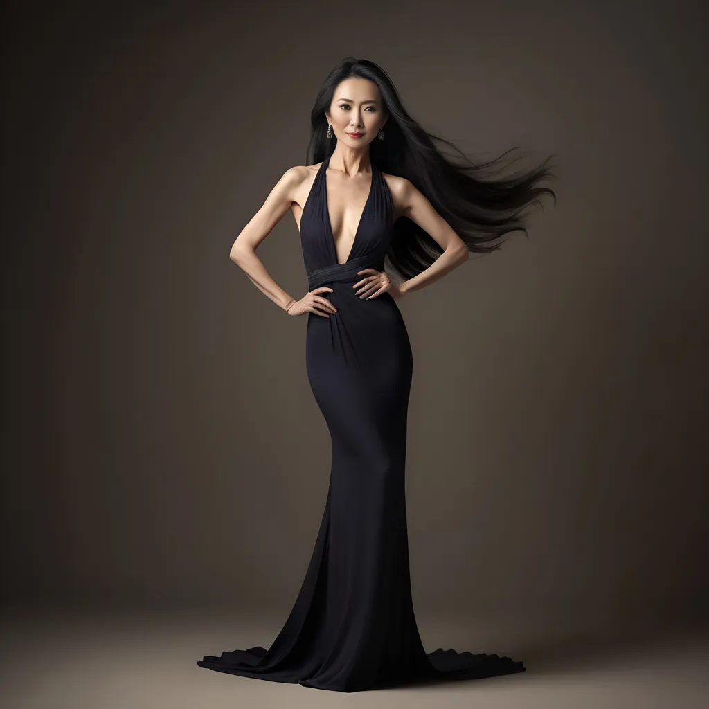 Prompt: stunning elegant 50-year-old Chinese woman, full body pose, super thin and toned physique, gorgeous body, perfect silhouette, long flowing hair, soft ambient lighting, warm and inviting color tones, beauty radiating confidence and grace, high fashion glamour, ultra-detailed portrait, captivating expression, beautifully balanced composition, emphasizing allure and sophistication, high-quality image, perfect for showcasing beauty and empowerment.