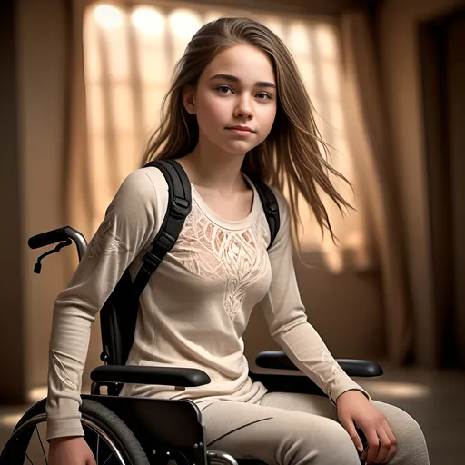 Prompt: realistic depiction of an 18-year-old paraplegic girl, detailed full body pose, natural skin tones, expressive facial features, intricate textures in her clothing, dynamic composition, soft and warm lighting enhancing her beauty, vibrant background setting that adds depth, showcasing her strength and grace, ultra-detailed, high-quality image showcasing realism and emotion.