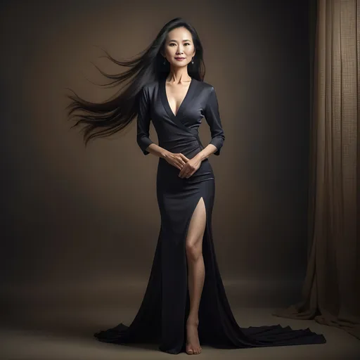 Prompt: stunning elegant 50-year-old Chinese woman, full body pose, super thin and toned physique, perfect silhouette, long flowing hair, soft ambient lighting, warm and inviting color tones, beauty radiating confidence and grace, high fashion glamour, ultra-detailed portrait, captivating expression, beautifully balanced composition, emphasizing allure and sophistication, high-quality image, perfect for showcasing beauty and empowerment.