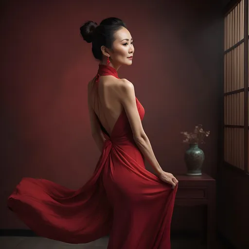 Prompt: stunning elegant 50-year-old Chinese woman, full body pose, super thin and toned physique, gorgeous body, perfect silhouette, long flowing hair tied up in messy bun, soft ambient lighting, warm and inviting color tones, beauty radiating confidence and grace, high fashion red dress, glamour, ultra-detailed portrait, captivating expression, beautifully balanced composition, emphasizing allure and sophistication, high-quality image, perfect for showcasing beauty and empowerment.