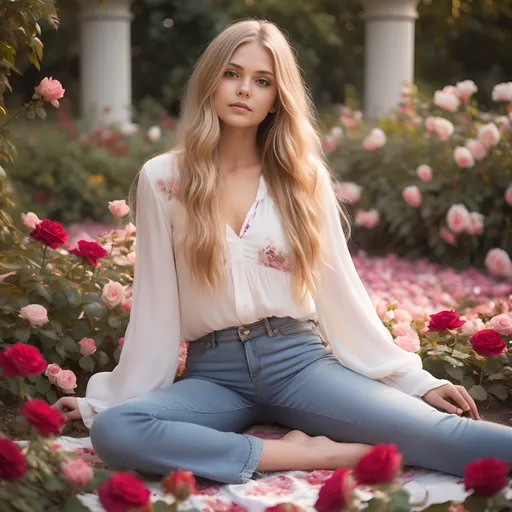 Prompt: young beautiful hippie female, full body pose, long flowing blonde hair, wearing casual jeans and a flowing white blouse, (sitting on bottom on ground, legs apart, flirty pose, seductive look) distant expression, ethereal and dreamy ambiance, posed in antique rose garden among brightly colored flowers, reds, pinks, yellows and white flowers and detailed realistic background, realism with intricate detailing, soft natural lighting, lush green background with gentle floral accents, serene and romantic feel, ultra-detailed, high definition, capturing the essence of youthful spirit and bohemian grace.
