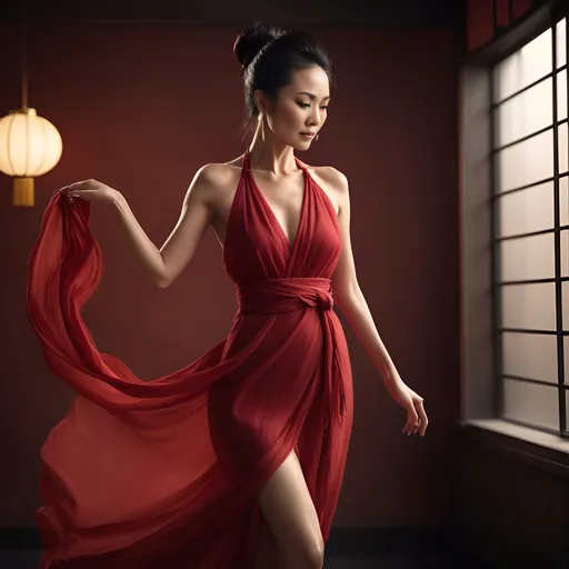 Prompt: stunning elegant 50-year-old Chinese woman, full body pose, super thin and toned physique, gorgeous body, perfect silhouette, long flowing hair tied up in messy bun, soft ambient lighting, warm and inviting color tones, beauty radiating confidence and grace, high fashion red dress, glamour, ultra-detailed portrait, captivating expression, beautifully balanced composition, emphasizing allure and sophistication, high-quality image, perfect for showcasing beauty and empowerment.