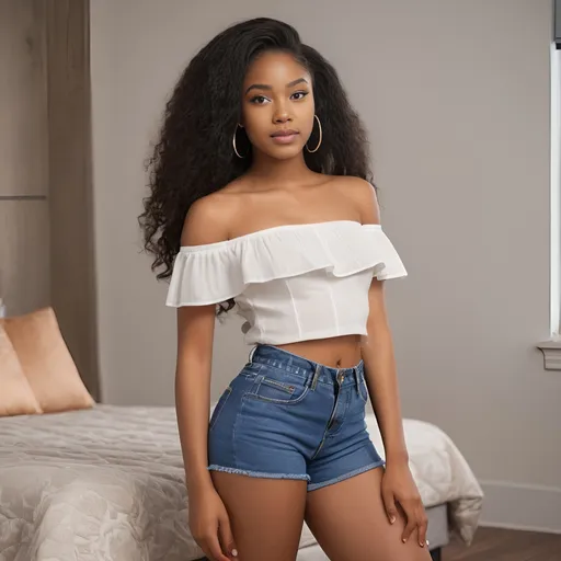 Prompt: Photorealistic ((full body poses)) of an 18-year-old Nigerian Igbo girl, long black hair flowing, professional studio lighting, sharp jawline, pointed nose, large expressive eyes adorned with pimples and charming dimples, posing in cute fashionable tight little trendy shorts and off the shoulder cropped top, close up in luxury apartment in NY in front of floor to ceiling windows showing off skyline, ultra-detailed and vibrant, capturing the essence of youth and beauty.