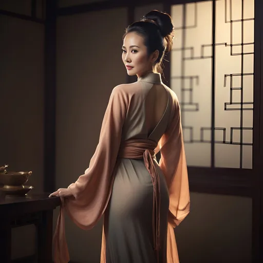 Prompt: stunning elegant 50-year-old Chinese woman, full body pose, super thin and toned physique, gorgeous body, perfect silhouette, long flowing hair tied up in messy bun, soft ambient lighting, warm and inviting color tones, beauty radiating confidence and grace, high fashion traditional dress, glamour, ultra-detailed portrait, captivating expression, beautifully balanced composition, emphasizing allure and sophistication, high-quality image, perfect for showcasing beauty and empowerment.