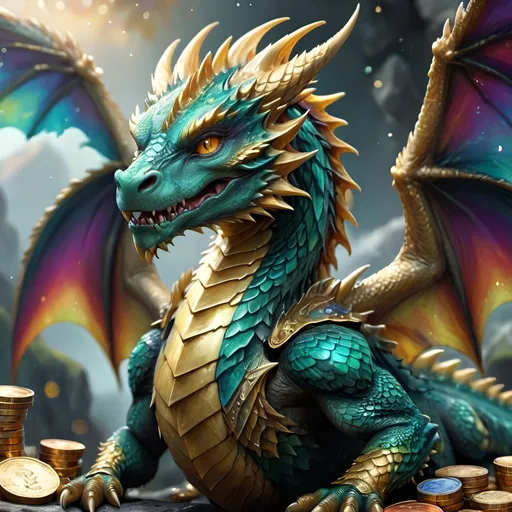 Prompt: Fierce, magnificent dragon, vivid colorful scales glistening in the light, majestic wings spread wide, intricately detailed textures, guarding a sparkling treasure hoard, coins shimmering in gold and gems, dramatic shadows, enchanting background with misty mountains, rich and vibrant color palette, magical atmosphere, high detail, 4K quality, fantasy art masterpiece.