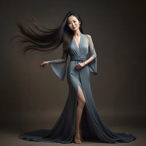 Prompt: stunning elegant 50-year-old Chinese woman, full body pose, super thin and toned physique, perfect silhouette, long flowing hair, soft ambient lighting, warm and inviting color tones, beauty radiating confidence and grace, high fashion glamour, ultra-detailed portrait, captivating expression, beautifully balanced composition, emphasizing allure and sophistication, high-quality image, perfect for showcasing beauty and empowerment.