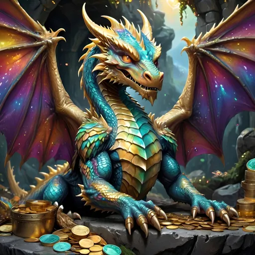 Prompt: Fierce, magnificent dragon, vivid colorful scales glistening in the light, majestic wings spread wide, intricately detailed textures, guarding a sparkling treasure hoard, coins shimmering in gold and gems, dramatic shadows, enchanting background with misty mountains, rich and vibrant color palette, magical atmosphere, high detail, 4K quality, fantasy art masterpiece.
