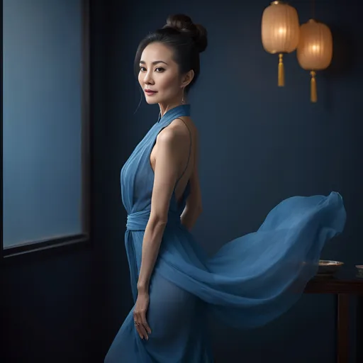 Prompt: stunning elegant 50-year-old Chinese woman, full body pose, super thin and toned physique, gorgeous body, perfect silhouette, long flowing hair tied up in messy bun, soft ambient lighting, warm and inviting color tones, beauty radiating confidence and grace, high fashion blue dress, glamour, ultra-detailed portrait, captivating expression, beautifully balanced composition, emphasizing allure and sophistication, high-quality image, perfect for showcasing beauty and empowerment.