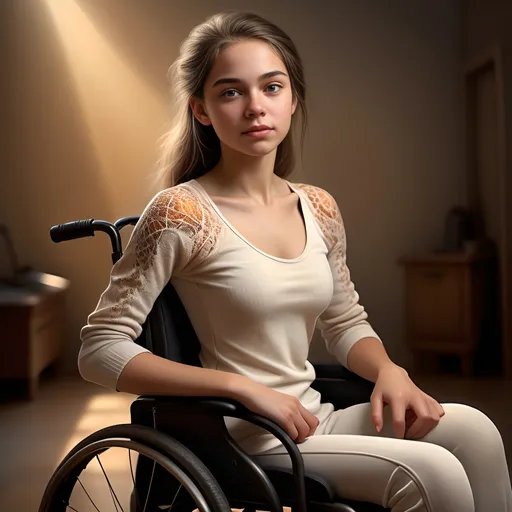Prompt: realistic depiction of an 18-year-old paraplegic girl, detailed full body pose, natural skin tones, expressive facial features, intricate textures in her clothing, dynamic composition, soft and warm lighting enhancing her beauty, vibrant background setting that adds depth, showcasing her strength and grace, ultra-detailed, high-quality image showcasing realism and emotion.