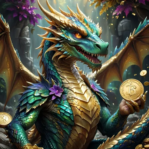 Prompt: Fierce, magnificent dragon, vivid colorful scales glistening in the light, majestic wings spread wide, intricately detailed textures, guarding a sparkling treasure hoard, coins shimmering in gold and gems, dramatic shadows, enchanting background with misty mountains, rich and vibrant color palette, magical atmosphere, high detail, 4K quality, fantasy art masterpiece.