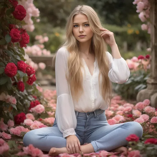 Prompt: young beautiful hippie female, full body pose, long flowing blonde hair, wearing casual jeans and a flowing white blouse, (sitting on bottom on ground, legs apart, flirty pose, seductive look) distant expression, ethereal and dreamy ambiance, posed in antique rose garden among brightly colored flowers, reds, pinks, yellows and white flowers and detailed realistic background, realism with intricate detailing, soft natural lighting, lush green background with gentle floral accents, serene and romantic feel, ultra-detailed, high definition, capturing the essence of youthful spirit and bohemian grace.