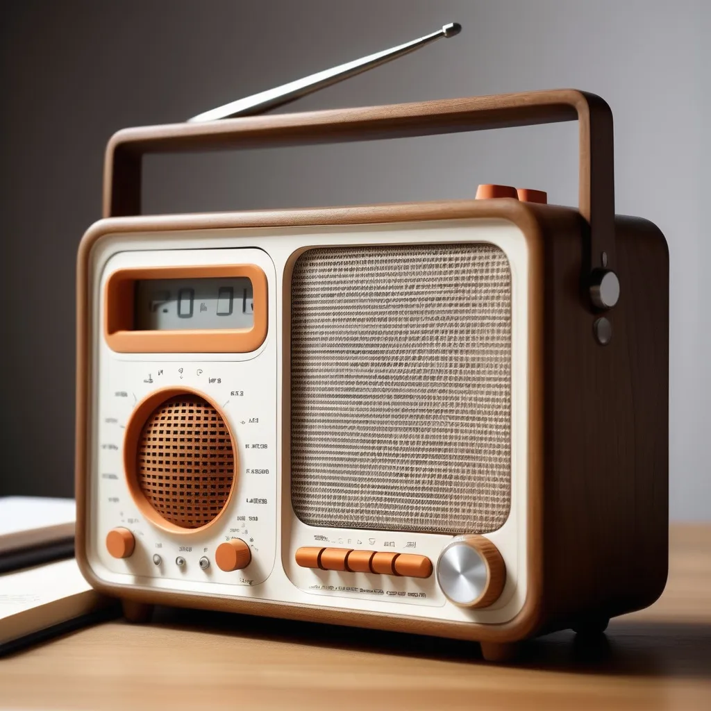 Prompt: a radio, modern, casual, that has space to write a slogan in it. An easy atmosphere