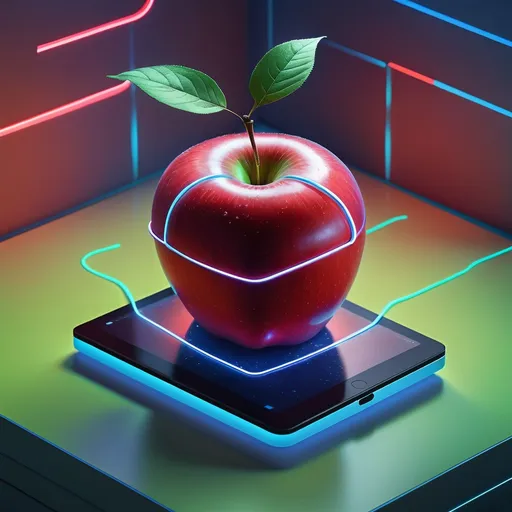 Prompt: a red apple sitting on top of a tablet computer with a green leaf on top of it and a neon blue background, Filip Hodas, computer art, rossdraws global illumination, a 3D render