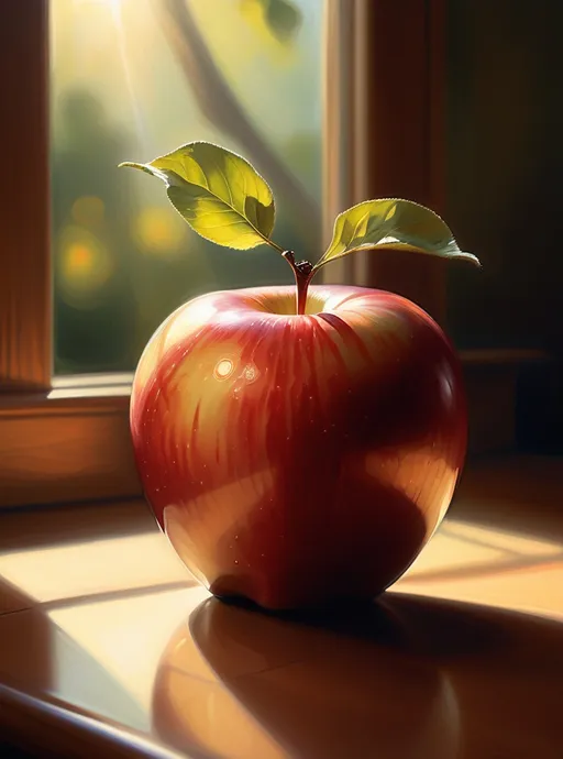 Prompt: (artist's composition) painting of an apple on a table, (professional digital painting) with sunlight filtering through the background and gentle reflections on the surface, featuring a leaf delicately perched atop the apple, (figurative art) rendered in vibrant, warm tones, smooth textures, (airbrush technique), ultra-detailed, serene atmosphere, evocative of tranquility and beauty.