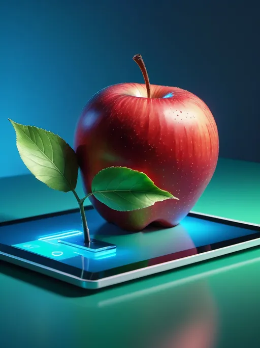 Prompt: a red apple sitting on top of a tablet computer with a green leaf on top of it and a neon blue background, Filip Hodas, computer art, rossdraws global illumination, a 3D render