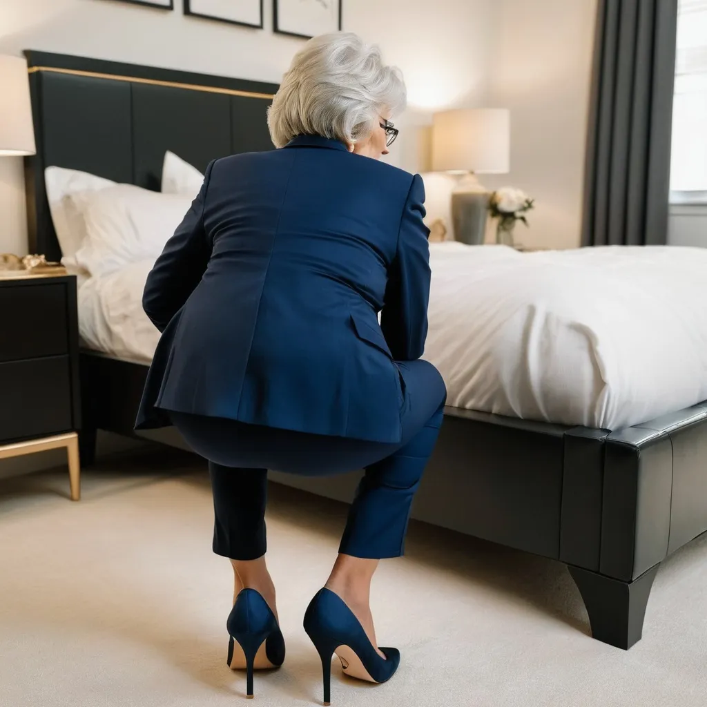 Prompt: American granny in bedroom. she bends over, showing the back of her pants to the camera. she is wearing a dark blue suit, a white shirt and black heels.