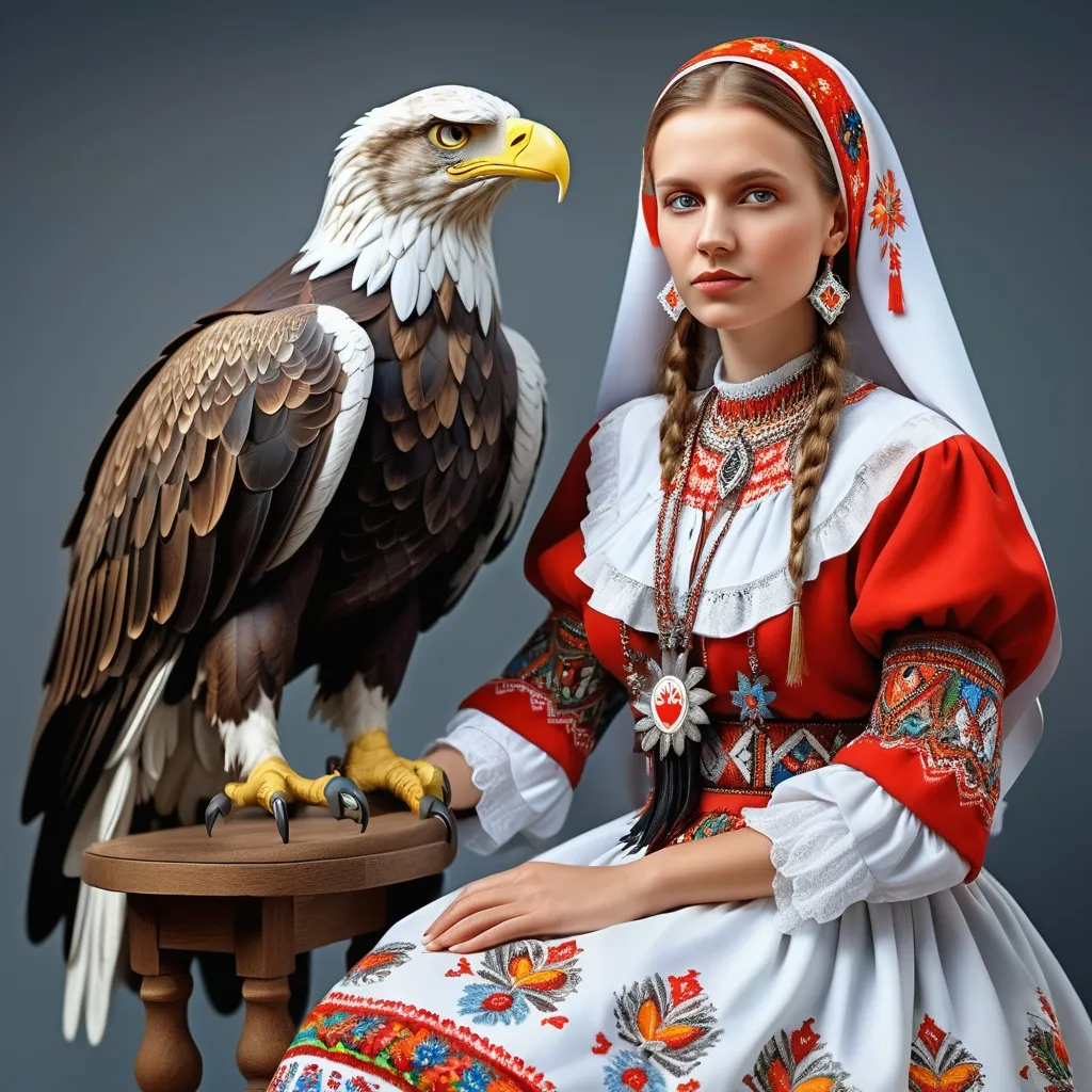 Prompt: polish woman in national dress, hyper-realistic, with intricate details, , full-length portrait, in dynamic composition, with beautiful skin, in the style of polish art, next to the girl sits a white polish eagle, hyper-detailed, with bright colors and beautiful eyes.