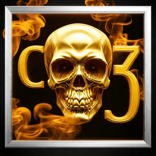 Prompt: name " C- 3 " skull of golden with background full of artistically Golden smoke name 3d a, photo all setup under a square silver transparent frame , 3d render, poster, typography, cinematic, illustration with full design details.