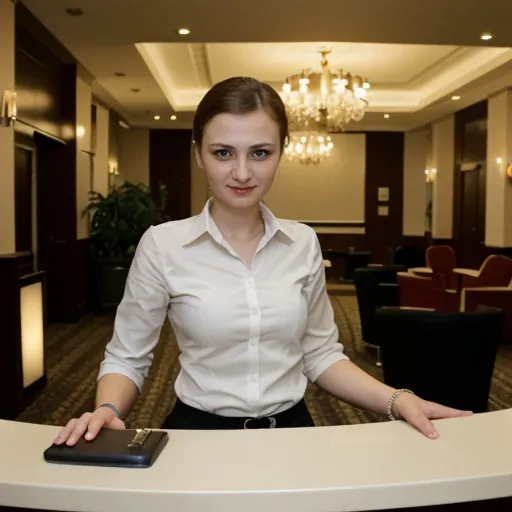 Prompt: Ukrainian girl manager at the reception desk in the hotel