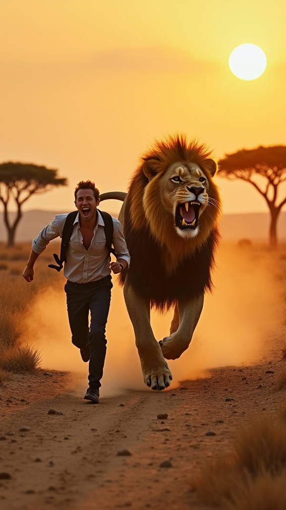 Prompt: “A dramatic and surreal scene in the arid savanna: a human figure, dressed in modern clothing, is running away in sheer terror, their face contorted in a screaming expression as they flee from an enormous lion. The lion, twice the size of the human, exudes a ferocious and menacing presence, its golden mane flowing as it charges with sharp claws and bared teeth. The dry, cracked ground of the savanna stretches outward under the fiery hues of the setting sun, with scattered acacia trees dotting the landscape. The tension in the air is palpable as the human’s desperate escape contrasts with the lion’s relentless pursuit, set against the hazy orange and gold horizon.”
