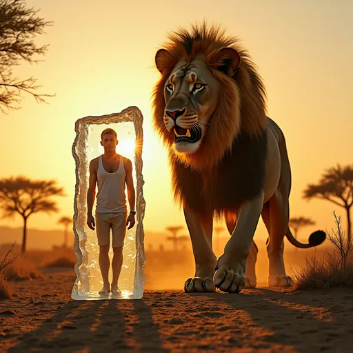 Prompt: “A surreal scene of a human figure encased in a transparent ice block, standing in the middle of an arid savanna. The human is wearing modern clothing, visibly frozen in a natural, lifelike pose. Towering over the ice-encased figure is a massive lion, twice the size of the human, exuding a threatening and menacing aura. The lion’s golden mane catches the rays of the setting sun, its sharp claws and bared teeth emphasizing its intimidating presence. The sun casts dramatic golden light, creating intense contrasts between the shimmering ice and the dry, cracked savanna ground. Acacia trees and a hazy orange horizon frame the background, heightening the sense of tension and surrealism.”
