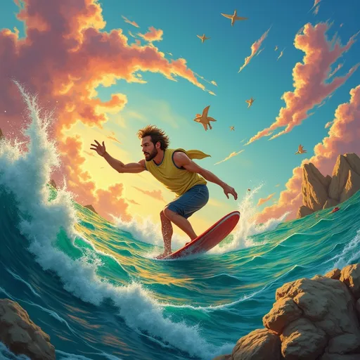 Prompt: (surrealism style) a whimsical scene of Richard riding a surfboard, vivid colors and dreamlike landscapes surrounding him, (floaty clouds) and (twisting waves) blending with (fantastical elements), playful tones, high contrast between light and shadow, mysterious atmosphere, (4K), ultra-detailed with enchanting textures.