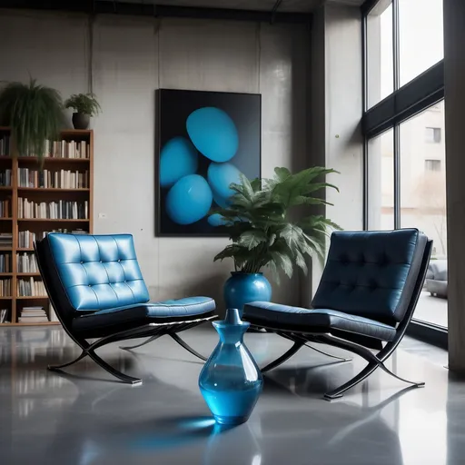 Prompt: realistic cinematic still shot of a couple of  two black leather Barcelona lounge chairs facing each other in a spacious, urban, wide loft with a big modern vase made of transparent blue glass. the chairs are placed on a grey concrete floor. no reflections. in the background there is a bookshelf. on the bookshelf are books ,plants ,sculptures, and a big painting a la Peter doig. there is a lot of sunlight in the room
