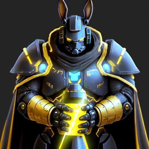 Prompt: create a picture of a black humanoid robot rabbit space marine, wearing Starcraft 2 Terran type heavy armor, adorned with a cape, with glowing yellow trim and is wearing power gauntlets