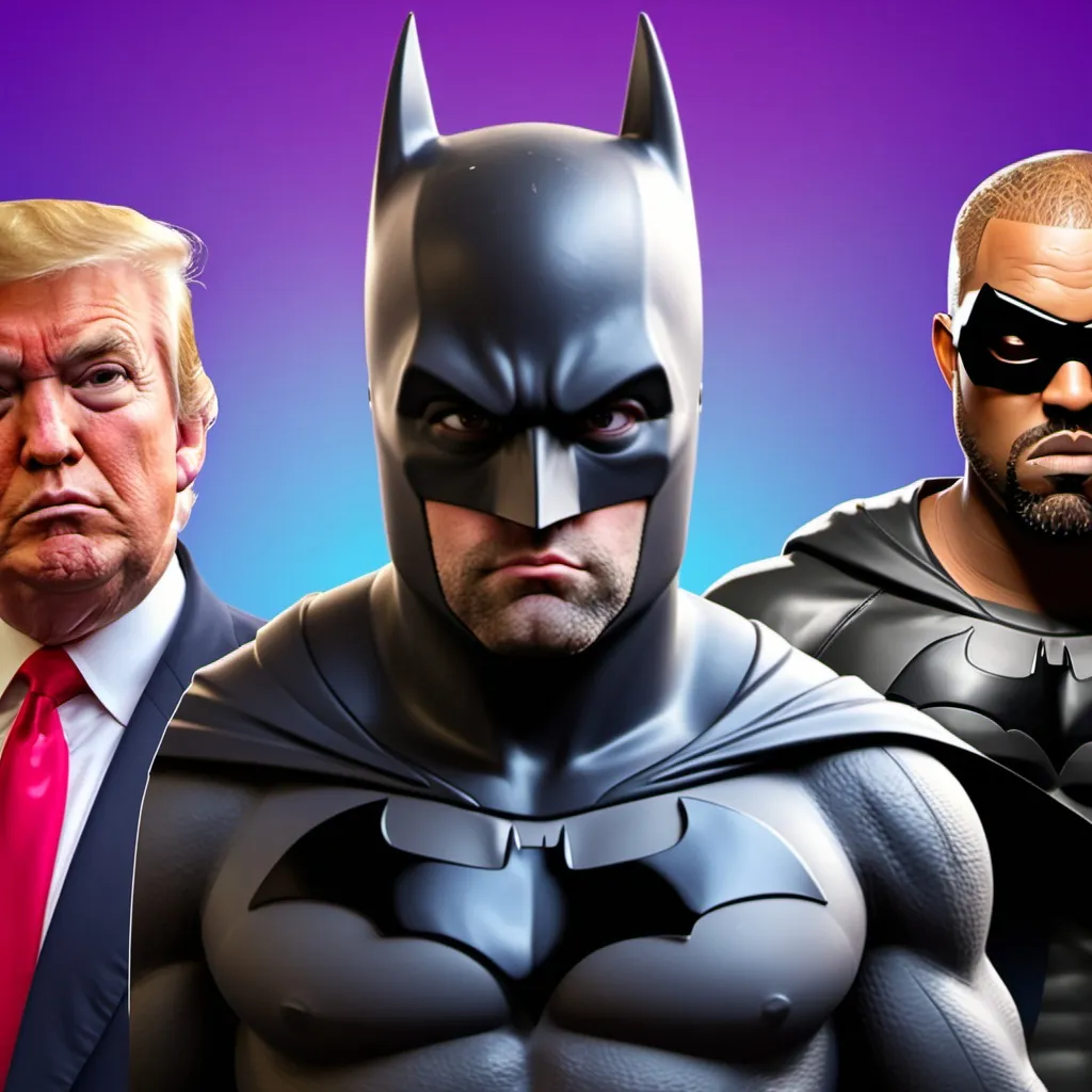 Prompt: Robert Pattinson Batman with Donald Trump and  Kanye West in fortnite