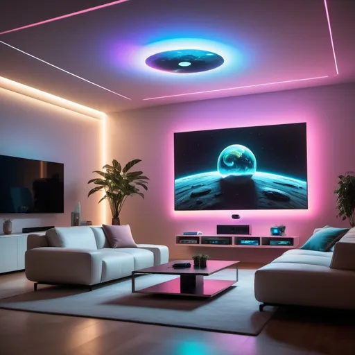 Prompt: "A cozy yet futuristic living room with a Holographic TV as the centerpiece. The TV projects a floating, 3D hologram screen in mid-air, displaying vivid, lifelike images. The room is illuminated by soft, ambient LED lighting, with a warm and welcoming atmosphere. Modern, minimalist furniture surrounds the scene, where viewers are sitting comfortably, captivated by the holographic display. The interior design features metallic accents and sleek surfaces, with large windows revealing a futuristic cityscape glowing with neon lights in the background. The setting blends advanced technology with a relaxing, modern ambiance."

