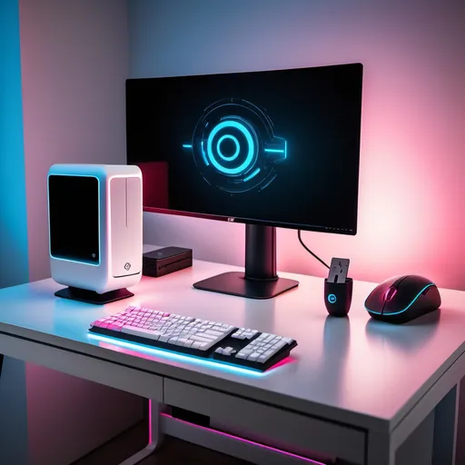 Prompt: "Create a highly detailed and realistic image of a modern, minimalist PC setup on a sleek white desk. The desk features ambient LED lighting with a soft pink and blue glow, reflecting off the surfaces. The setup includes a high-resolution monitor displaying futuristic AI graphics, a compact white keyboard, and a wireless mouse. The PC tower is black with a glowing red accent light, emphasizing its advanced, high-performance build. On the desk, add accessories like a compact microphone, a few black stationery items, and a potted plant for a touch of greenery. The background is clean and minimalistic with soft gradient lighting that complements the overall tech-inspired, futuristic aesthetic. Ensure 8K resolution, cinematic lighting, and sharp details for a professional and visually captivating look."