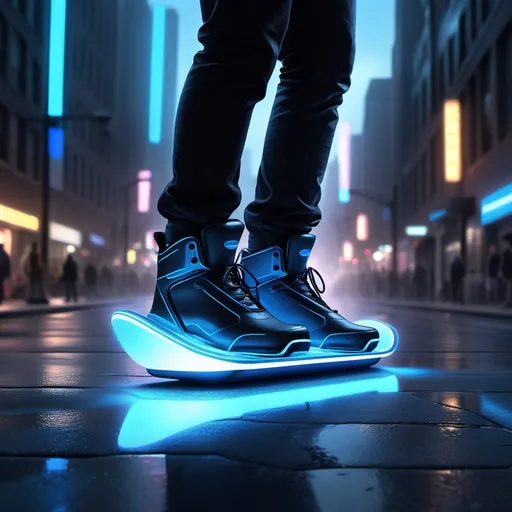 Prompt: "Create a hyper-realistic, cinematic scene featuring futuristic 'Hoverboard Shoes.' These high-tech shoes have a sleek, advanced design with a blue neon underglow, hovering slightly above the ground. The shoes emit a soft, glowing blue light underneath, creating a subtle reflection on the wet pavement. The background is set on a bustling, futuristic urban street at night, filled with vibrant holographic advertisements on tall buildings. The atmosphere is inspired by a cyberpunk aesthetic, with rain-slicked surfaces reflecting colorful neon lights in shades of pink, purple, and green. Include floating digital billboards, holographic signs, and drones hovering in the background to enhance the sci-fi feel. The overall mood should be dynamic and energetic, capturing the essence of a futuristic city. Use 8K resolution to highlight intricate details, such as the textures of the shoes, glowing effects, and the reflections on the wet street."