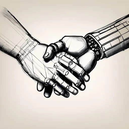 Prompt: leonardo davinci sketch of two hands shaking. one hand is a robotic ai hand and the second hand is a human hand.   