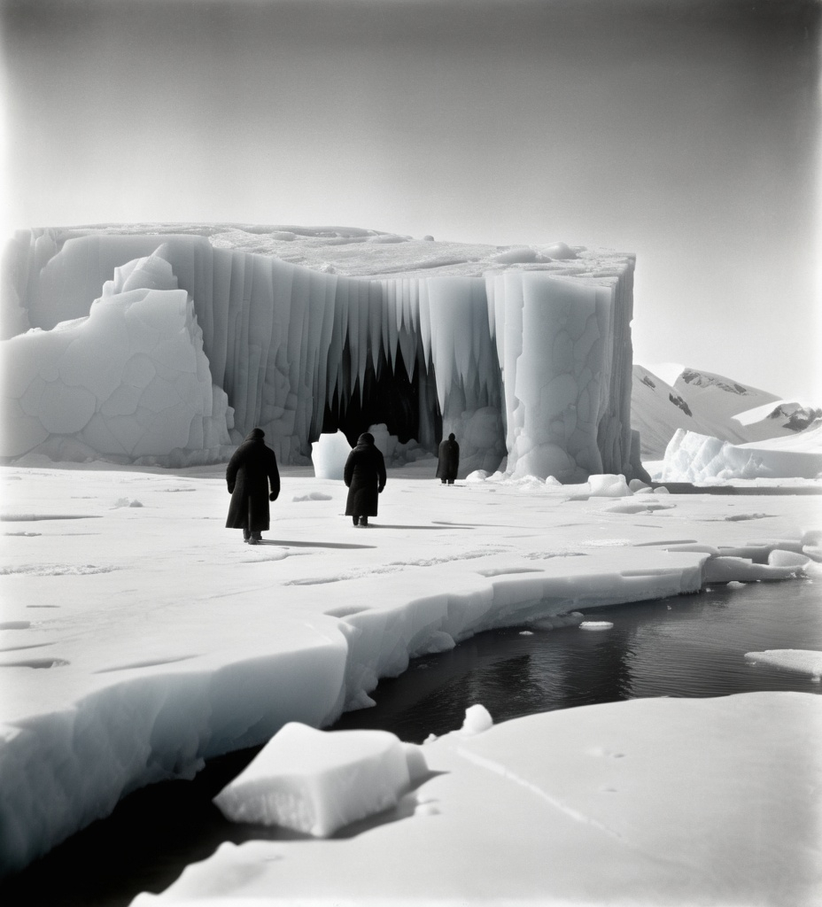 Prompt: Historical black and white consumed photograph from the 1930. Researchers in antartica exhamining ancient ruins and eldritch creatures Frozen in ice