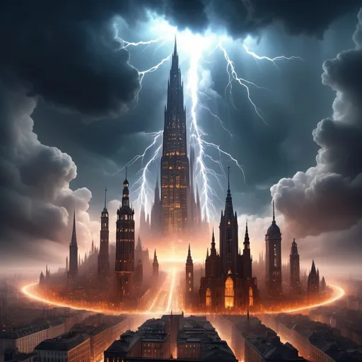 Prompt: A magical metropolis with tall spires that reach into the clouds. Glowing Jewel city similar to rome and France and Germany around tall Spires skyscrapers reaching into the heavens  New york city nuclear bomb debris cloud explosion cloud destruction apocalyptic fire and lightning being destoryed in fire