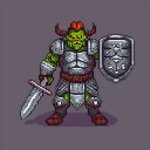 Prompt: (pixel art), dark gothic ork warlord, heavy metal armour, elaborate armour, strong physique, sword and shield, fierce expression, action pose, swinging sword, bright colors, sharp pixel edges, flat shading, shadow at feet, low res, blocky, 16 bit, retro