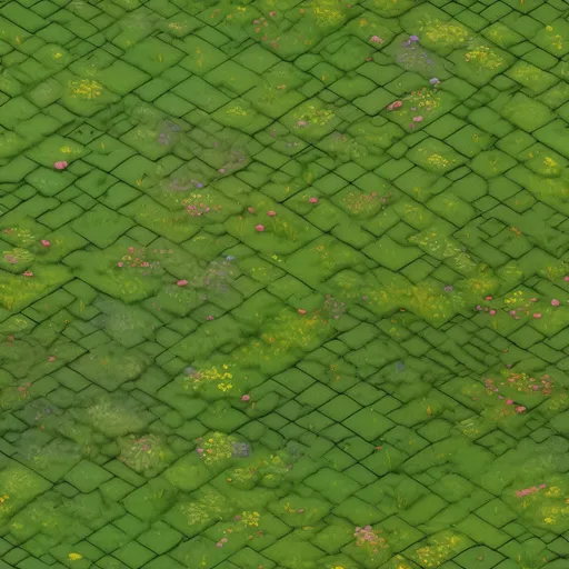 Prompt: oil paint grassy plains ground with sparse flowers texture seen from far away, muted colors, top down, isometric, fantasy rpg world, seamless tiling