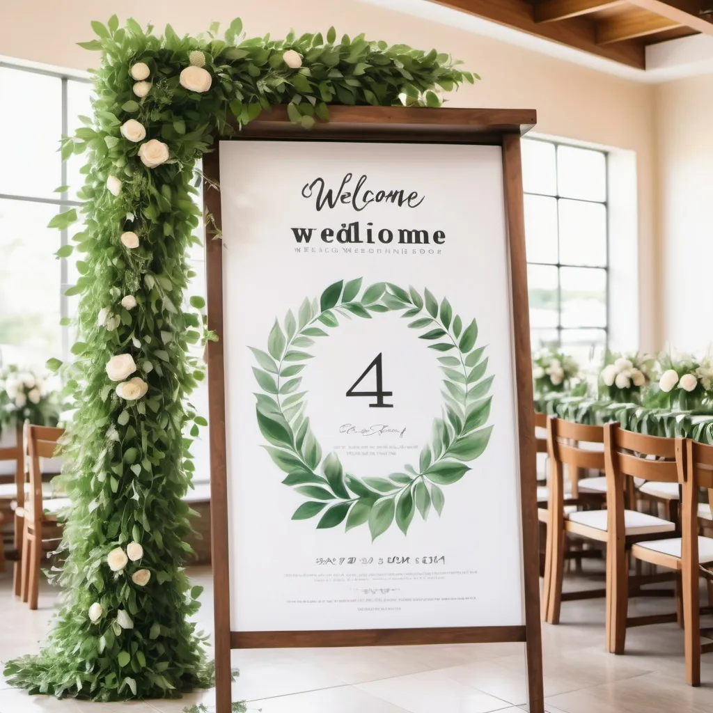 Prompt: At the wedding welcome door, there is a wooden welcome poster stand with a 24*36inch poster display board, and green leaves are decorated under the shelf